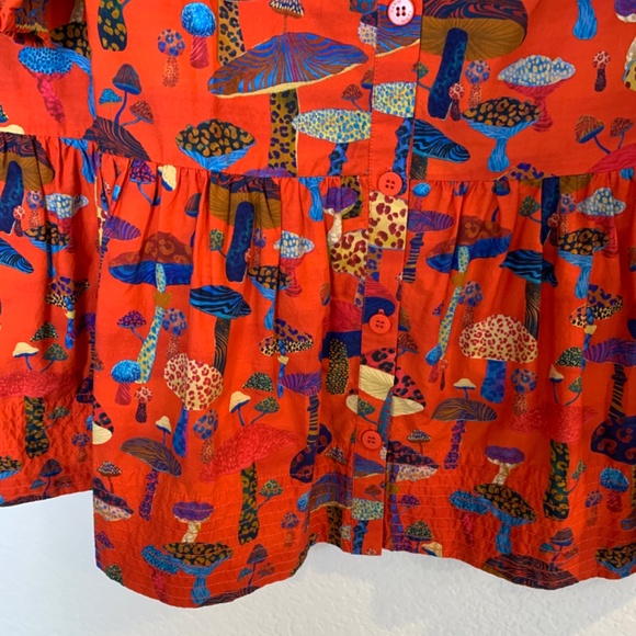 FARM Rio Anthropologie Long-Sleeve Shirt Dress Small Red Mushroom Print Tiered - Picture 11 of 16